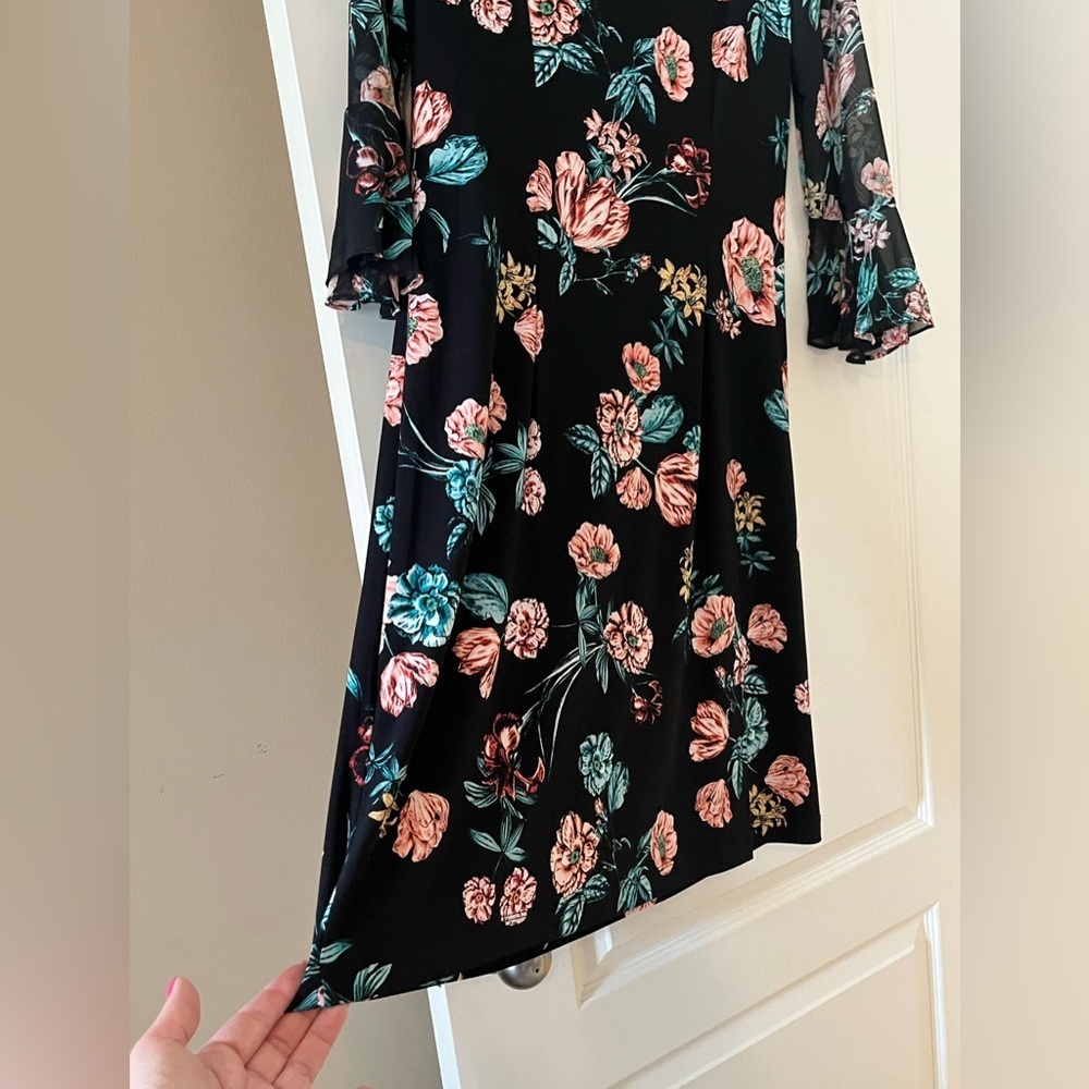 Roz & Ali Black Floral Tie-Front, Sheer Long Sleeve Dress Women’s Size Medium - Picture 4 of 15